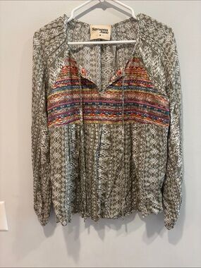 Savanna Jane Olive Printed Boho Embroidered Yoke Blouse ptp 20 length 24